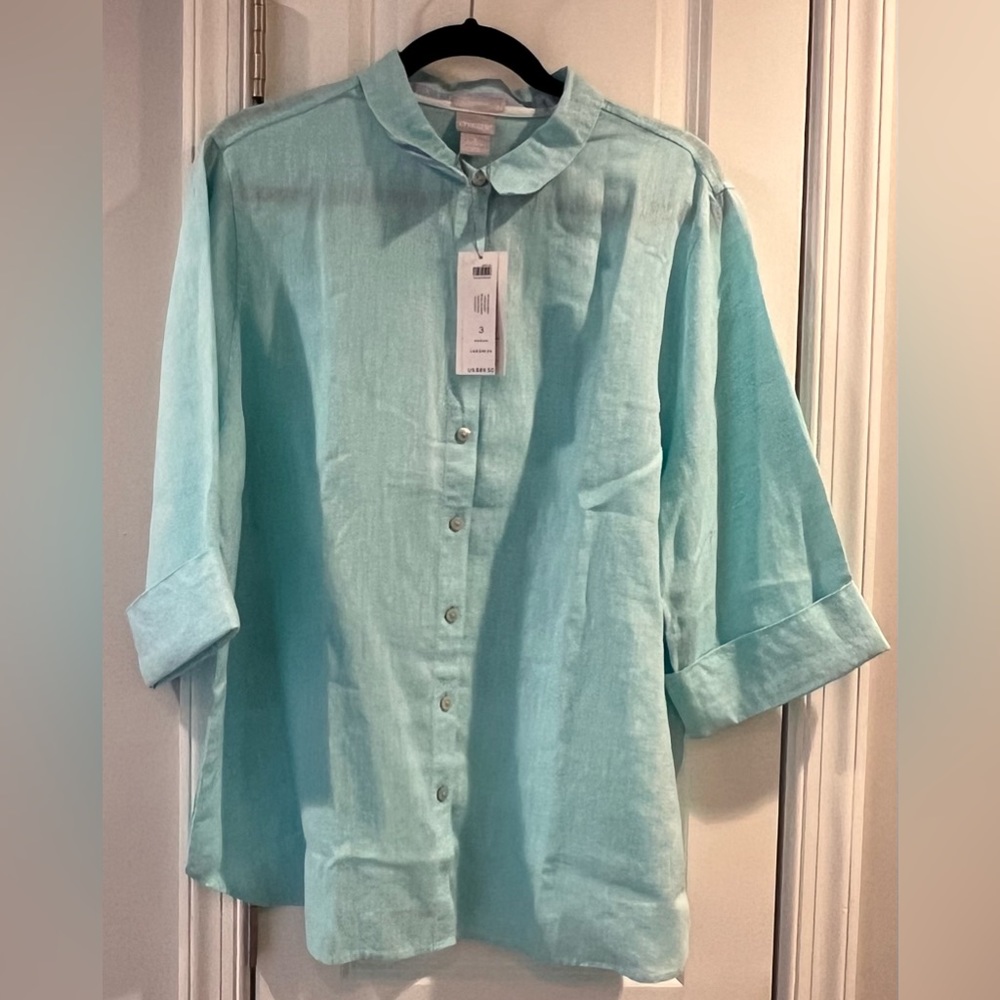 Chicos No Iron Blouse Blue Size 3 NWT